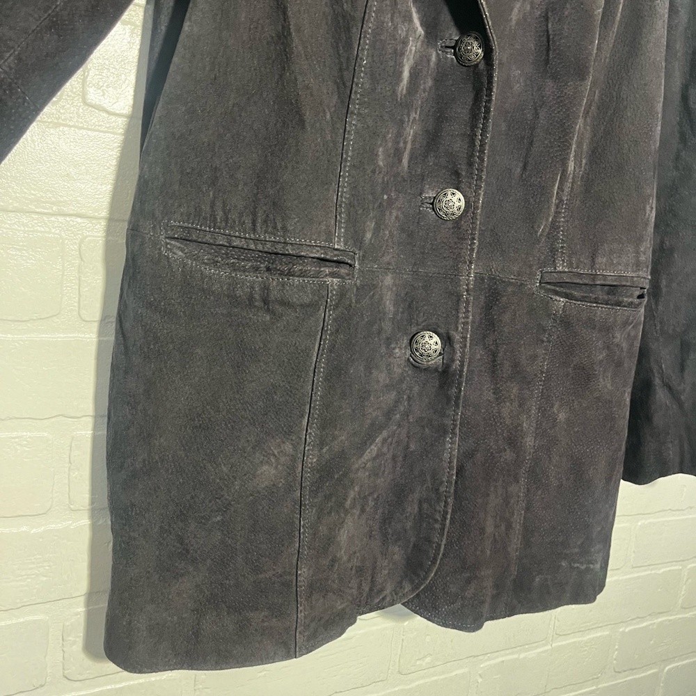 Denim & Company Womens Leather Blazer Dark Grey Button Front Classic Large - Picture 3 of 13